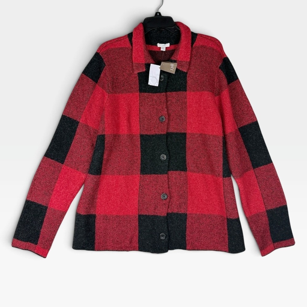 J. Jill Sweater Jacket Buffalo Plaid Women LT Red Black Wool Blend NWT